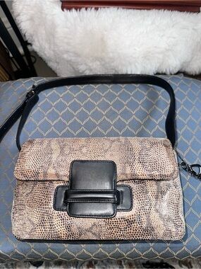 Taupe Snake-Print Shoulder Bag with Black Leather Accents